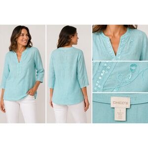 Chicos 1 US Med Sequin Turquoise Embroidered Linen Top Blouse Sheer Beach Travel